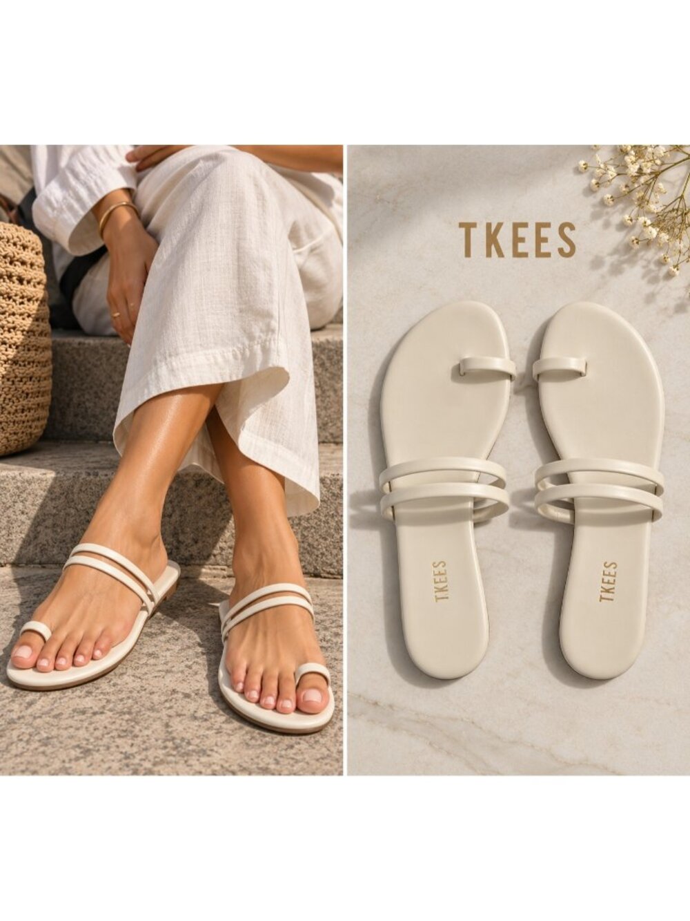TKEES Leah Women’s Size 9 White Leather Toe Loop Strappy Flat Sandals